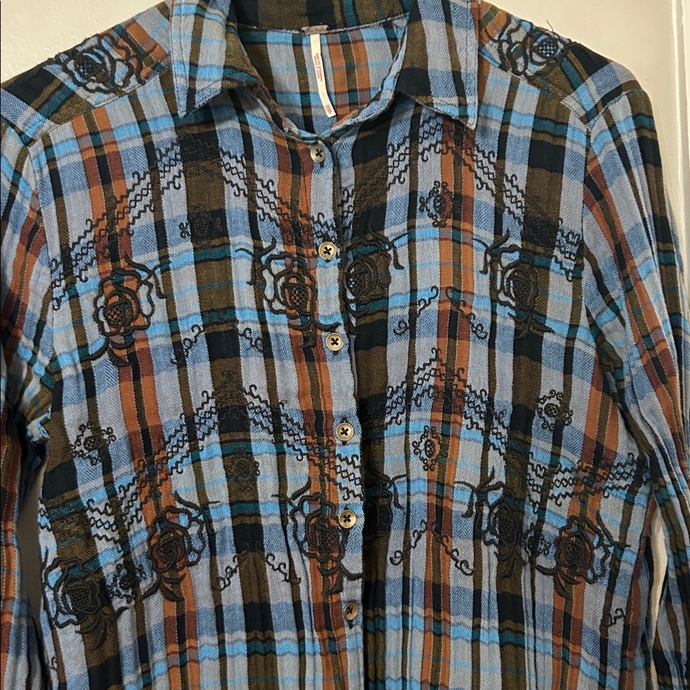 Free People Magical Plaid Embroidered Shirt Blue Size XS - Picture 6 of 10
